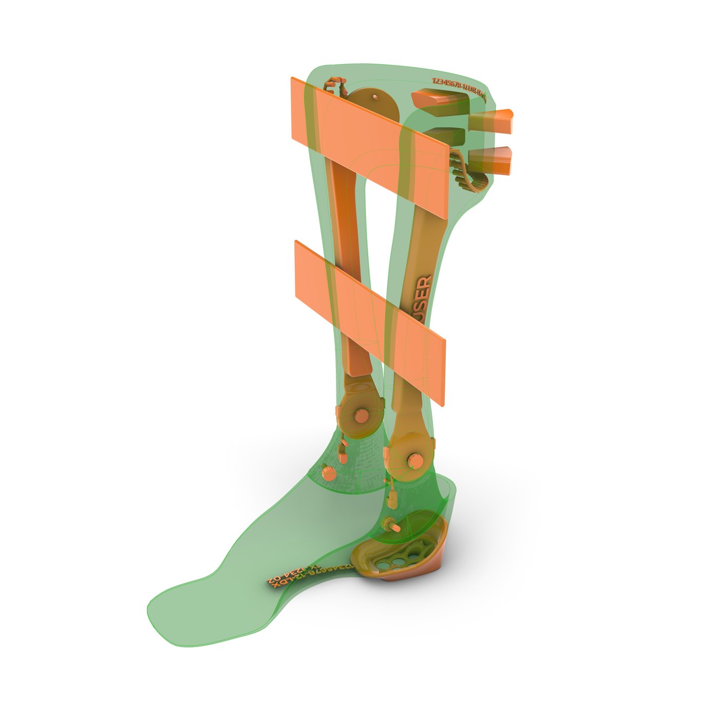 Assembled device — shank, footplate, hinges and straps