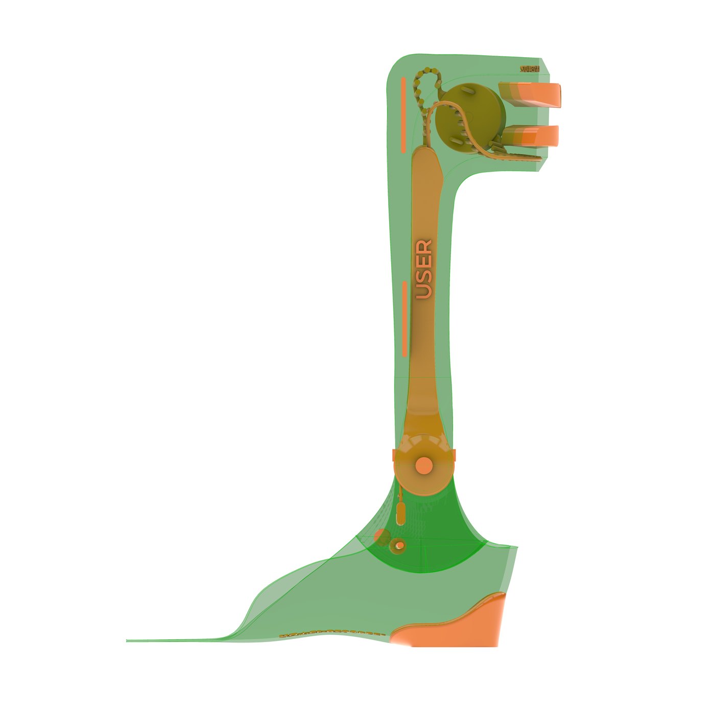 Side elevation — hinge axis aligned to the anatomical joint